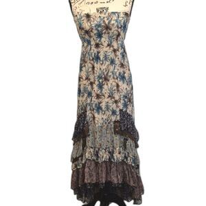 Ryu Maxi Dress M Strapless Crinkle Tiered Ruffle Floral Patchwork Layered